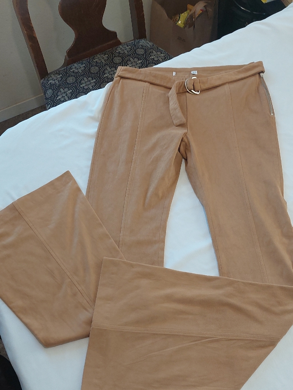 Tan Bell Bottom Pants with D-Ring Belt.Zipper On The Side .Size 2
